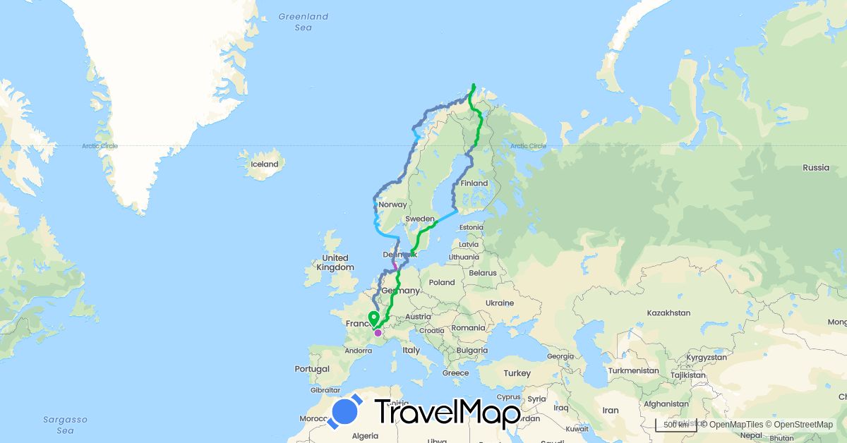 TravelMap itinerary: driving, bus, cycling, train, boat in Belgium, Switzerland, Germany, Denmark, Finland, France, Netherlands, Norway, Sweden (Europe)